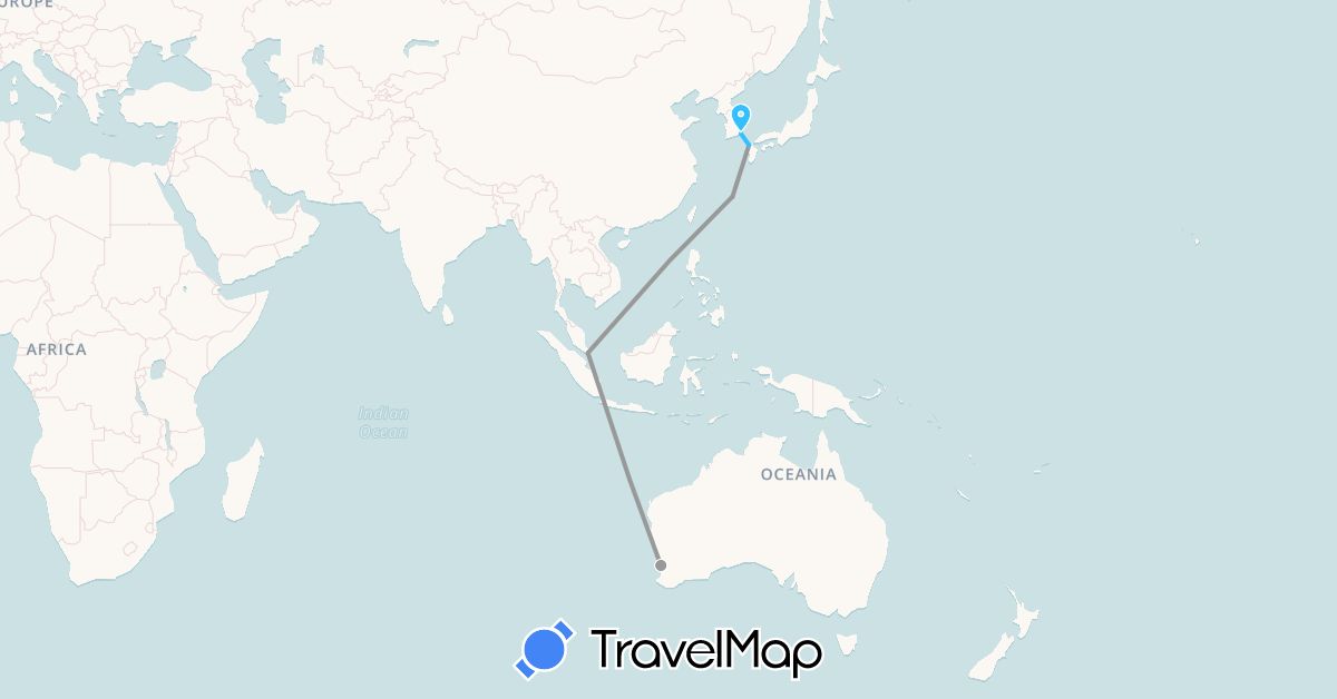 TravelMap itinerary: driving, plane, boat in Australia, Japan, South Korea, Singapore (Asia, Oceania)